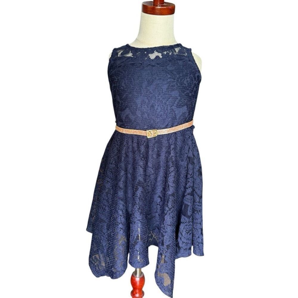Youth Girls Lily Bleu Navy Blue Lace Glitter Gold Belt Sleeveless Dress - Sz 5
